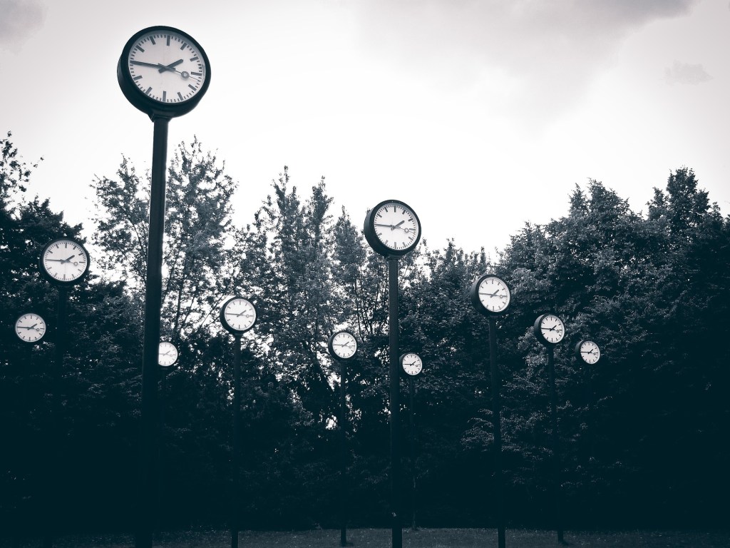 Grayscale photo of 11 tall clocks all reading the same time within a grove of trees. 