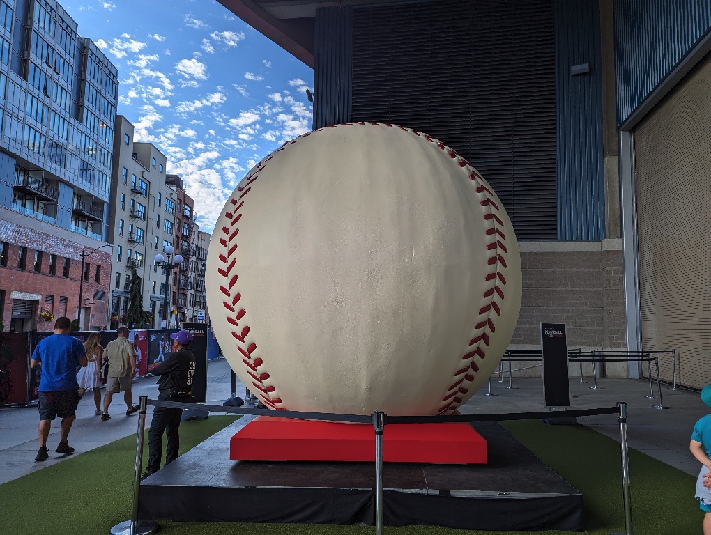 The "back" of the "World's Largest Baseball" at the MLB All-Star Play Ball Park in Seattle.
