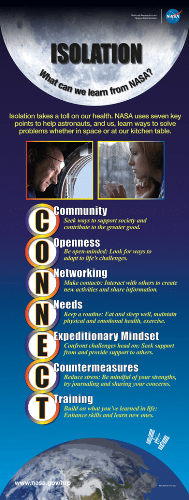 graphic from NASA that describes the CONNECT acronym about how to cope with loneliness (community openness, networking, needs, expeditionary mindset, countermeasures, training)